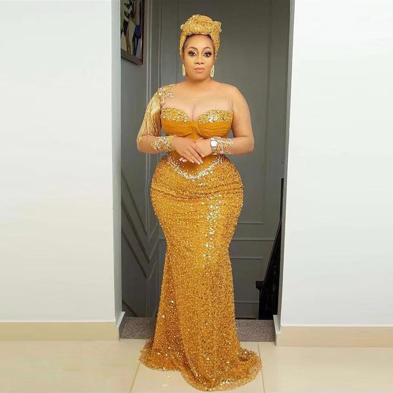 2022 Aso Ebi Glitter Gold Mermaid Prom Dresses Sheer Long Sleeves Bling Sequins Beaded Evening Gowns Zipper Back Formal Party Dress Pageant Wear Speci