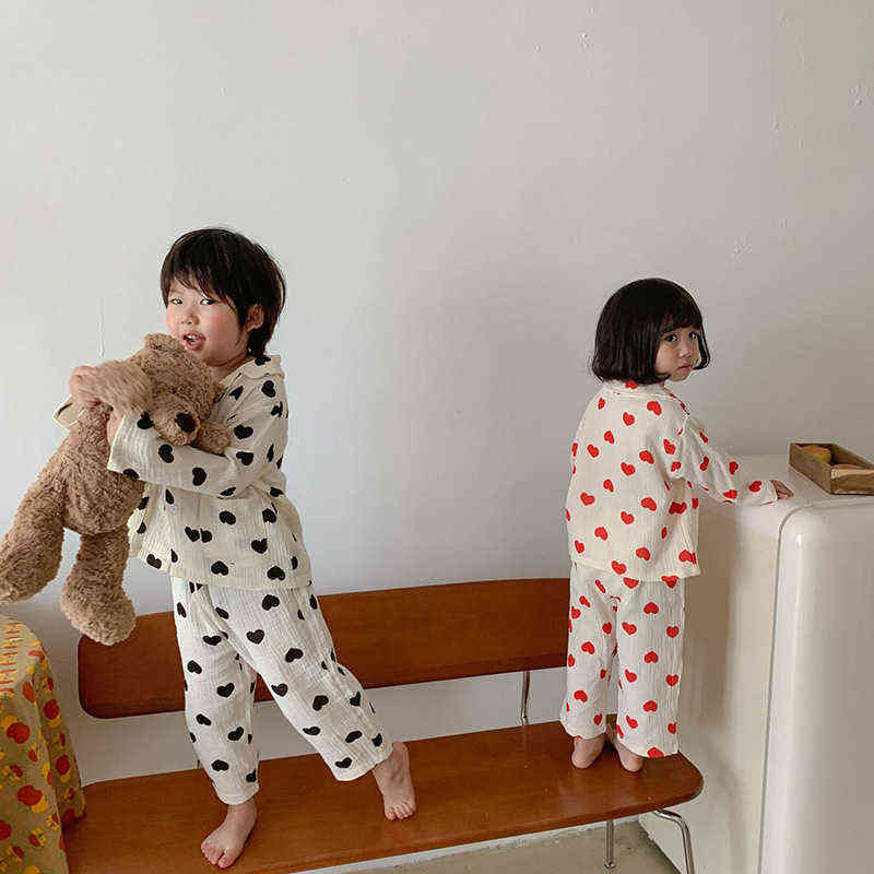 MILANCEL Autumn Kids Pajama Set Heart Print Girls Sleep Cotton Boys Sleepwear Indoor Suit 211130