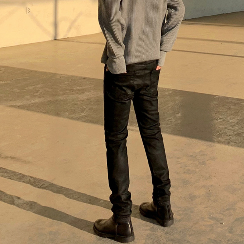 IEFB coated black jeans men's slim fit leg straight denim pants spring winter Korean fashion casual pants for male 4767 210524