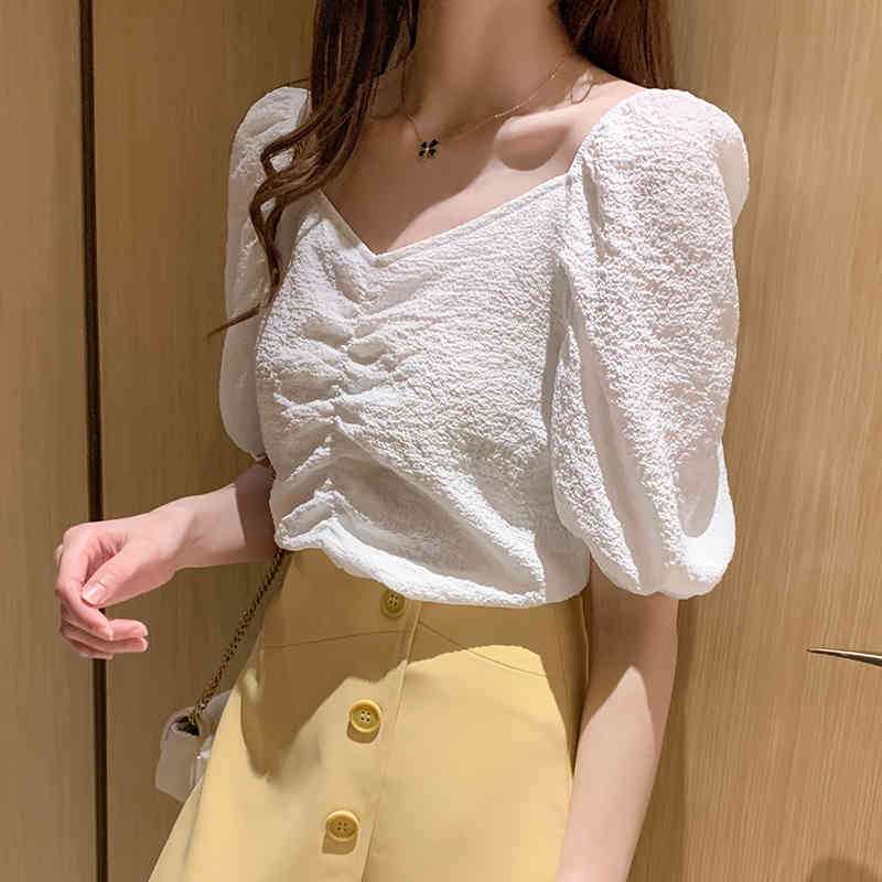 Solid V-neck Chiffon Blouse Blusas Mujer De Moda Korean Fashion Clothing Summer Ladies Tops White Shirt 9366 210506