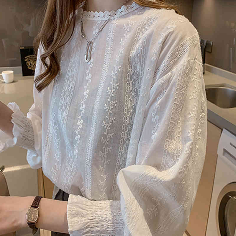 Spring Long Sleeve Blouse Blusas Mujer De Moda Women Embroidery Lace Shirt Linen Cotton Girls 6874 210510
