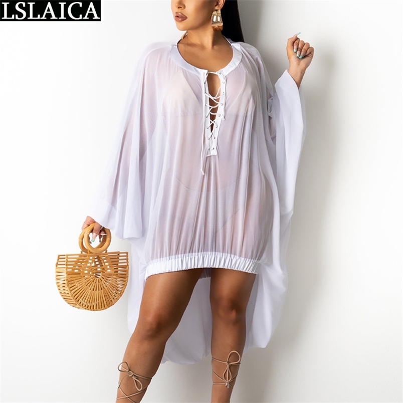 Sale Clothing Fashion Casual Mesh See-through Dress Beachwear Personality Flare Sleeve Deep VNeck Strappy Shirt Summer 210515