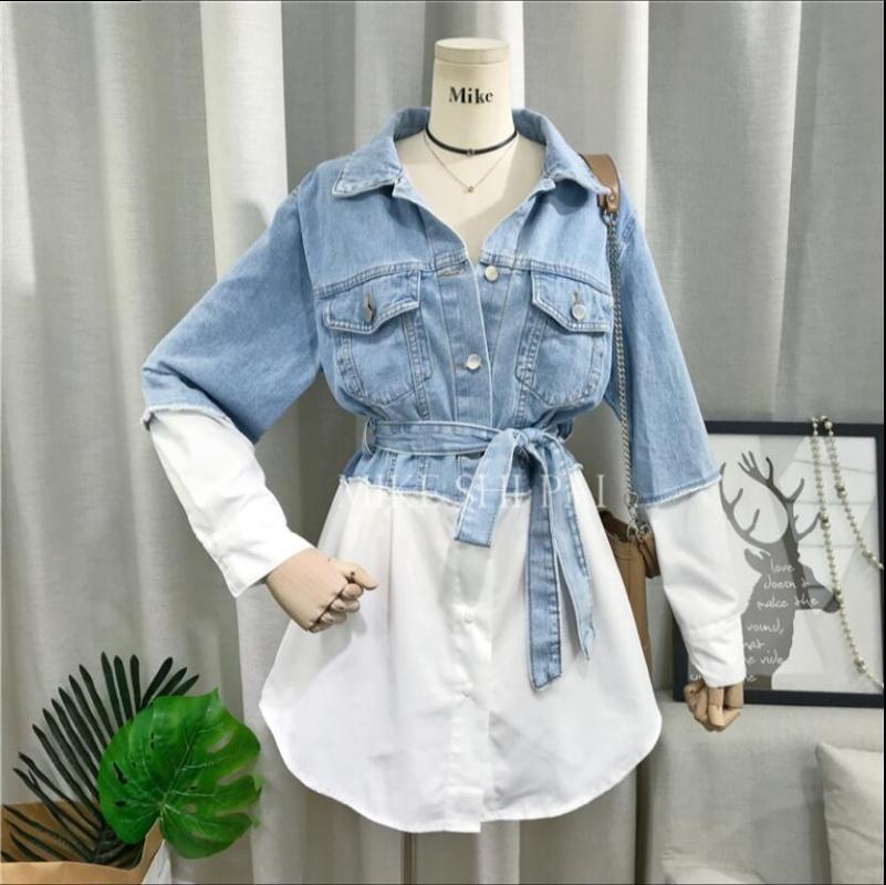 Women's Blouses & Shirts Autumn 2021 Fashion Loose Belt Cowboy Spliced Shirt Female Medium Long Lapel Denim Girls Slim Jeans Blouse Tops, Blue
Women's Blouses & Shirts Autumn 2021 Fashion Loose Belt Cowboy Spliced Shirt Female Medium Long Lapel Denim Girls Slim Jeans Blouse Tops, Blue