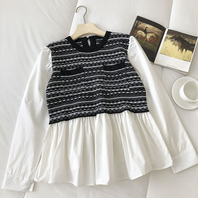 Nomikuma Stripe Patchwork Pockets Women Blouses Causal Long Sleeve O-neck Doll Shirt Spring New Korean Pullover Tops 6E095 210427