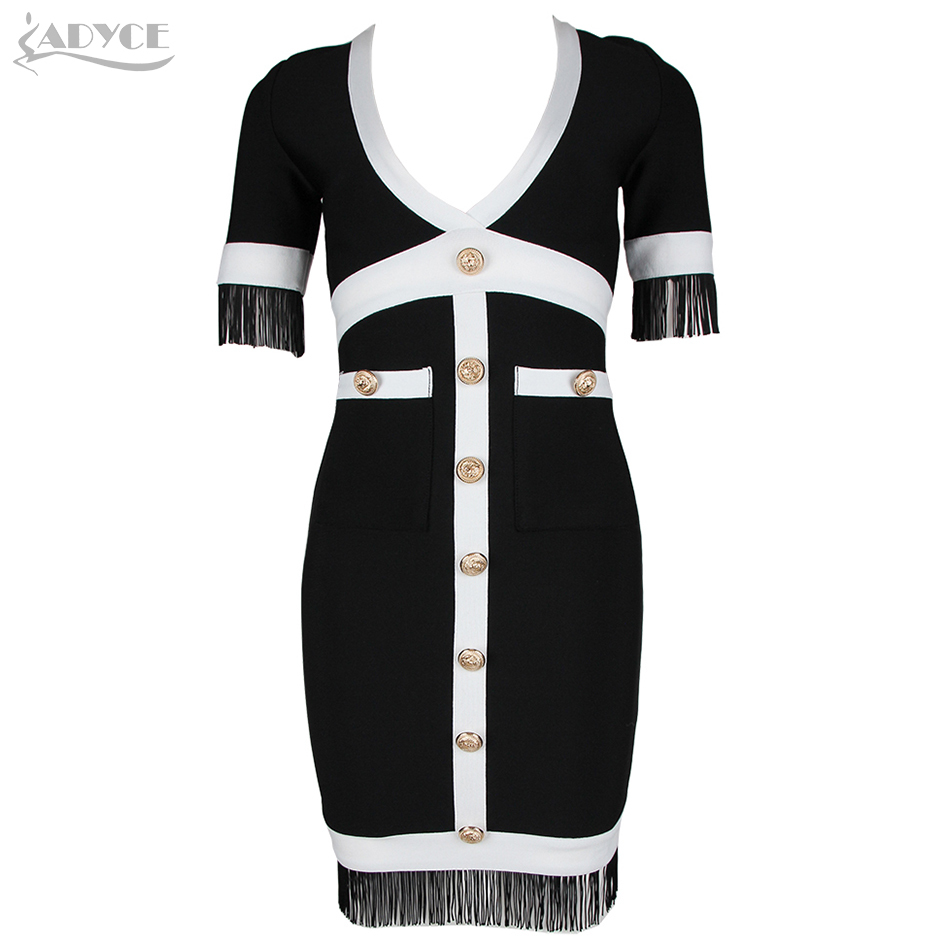Summer Women Short Sleeve Buttons Bodycon Bandage Dress Sexy V Neck Tassel Club Celebrity Runway Party Lady 210423