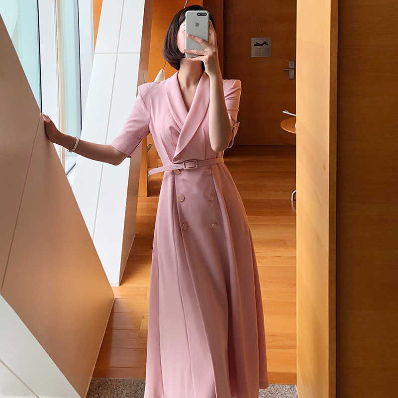 Korejpaa Women Dress Korean Fashion Chic Summer Elegant Solid Color Light-cut Wind Lapel Double-skirted Vestido with Belt 210526