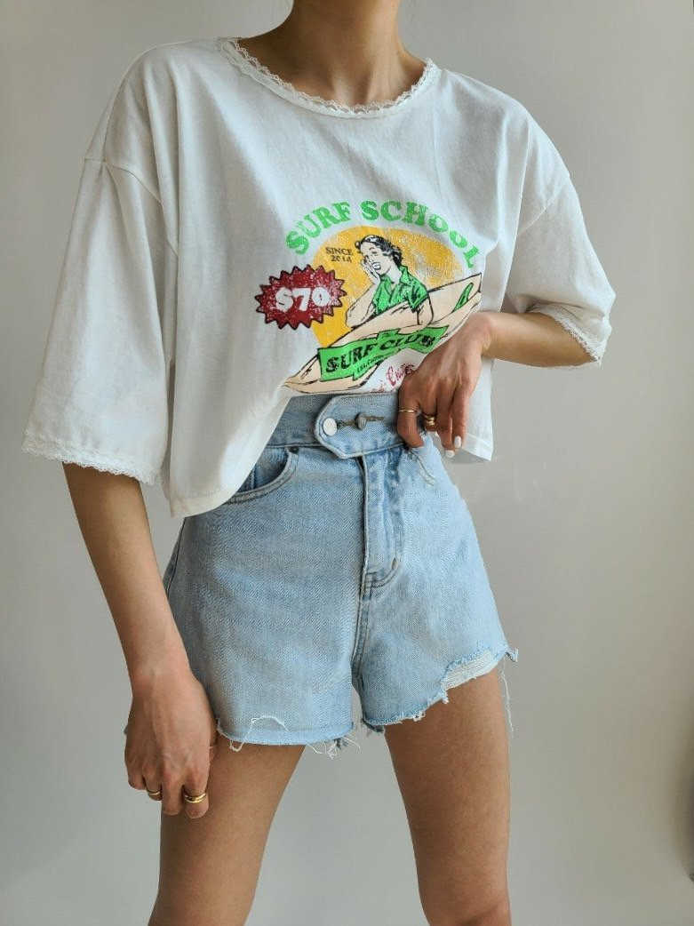 Ladies Summer High Waist Two Buttons Washed Raw Edge Denim Shorts Women booty shorts women high waist 210714