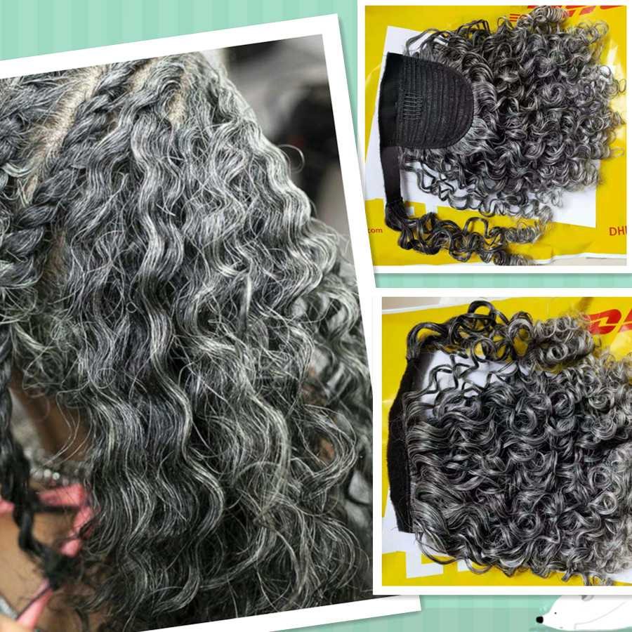 Salt and pepper silver grey human ponytail hairpiece women hairs toupee gray wavy hair extension with drawstring combs wraps around 120g140g
