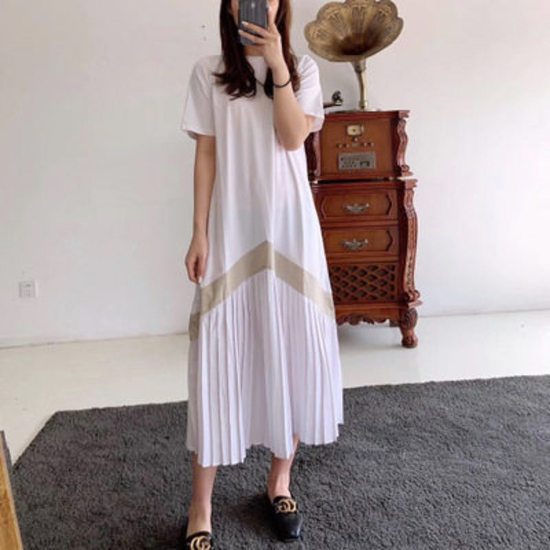 Spring Line Pattern Pleated Round-neck Short Sleeve Korean Style Casual Mid-calf Length Dress For Women 2A3009 210526
