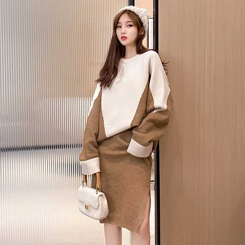 Yedinas Office Ladies Knitted Two Piece Women Sets Skirt Long Sleeve Patckwork Winter 2 Set For Midi Korean 210527