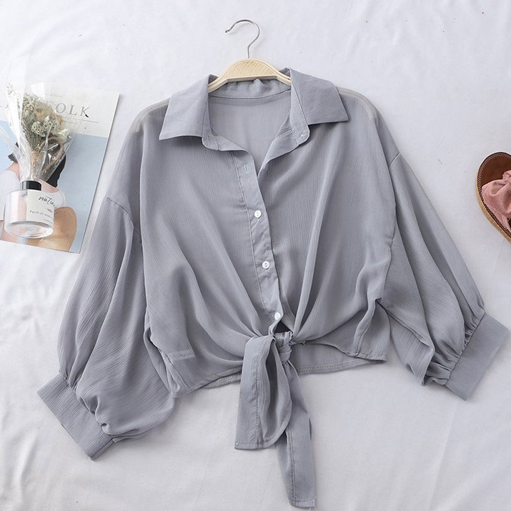Women Elegant Solid Turn Down Collar Shirt Summer Batwing Sleeve Cropped Tops Casual Chiffon Blouses Bowknot Tunic 210428