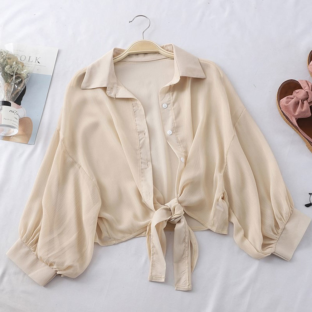 Women Elegant Solid Turn Down Collar Shirt Summer Batwing Sleeve Cropped Tops Casual Chiffon Blouses Bowknot Tunic 210428
