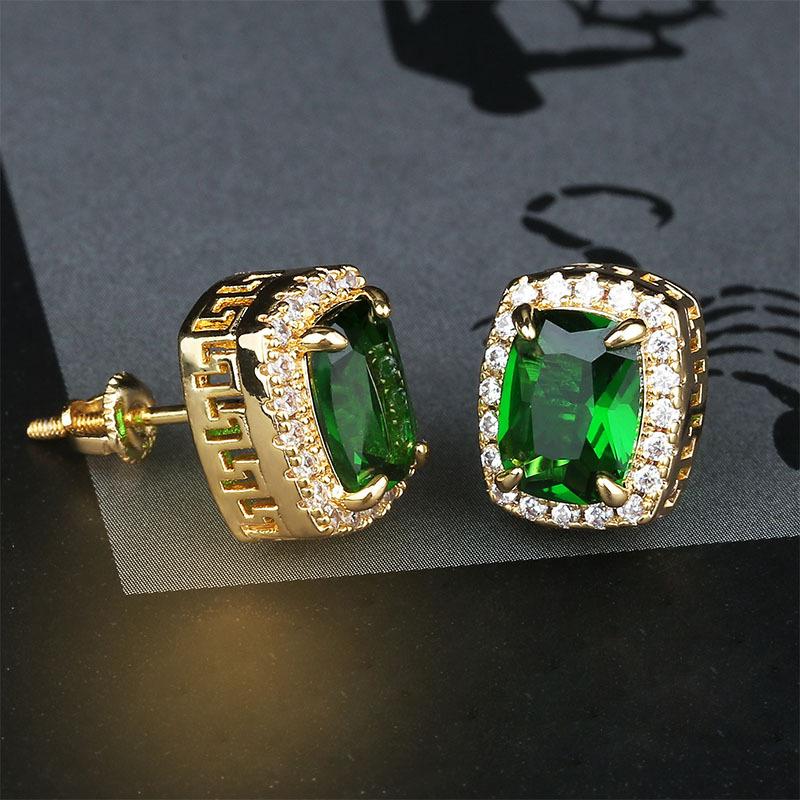 hip hop colorful gemstone stud earrings womens bling iced out diamond earrings red green blue gem ruby Emerald Earrings