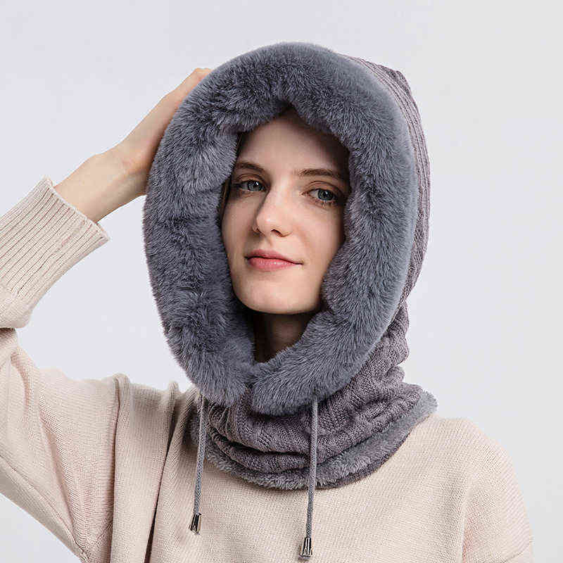 Winter Cap With Mask Set Hooded for Women Warm Knitted Cashmere Outdoor Ski Windproof Hat Thick Plush Fluffy Beanies Breathable 220124
