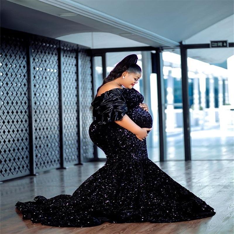 Real Image Plus Size Mermaid Evening Dresses Glitter Sequins V-Neck Promgown Short Sleeves Sweep Train Formal Party Gown Custom Made