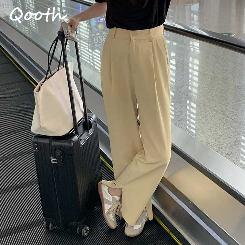 Qooth Womens Summer Straight Loose Split Pants Solid Drape Thin Causal Trousers Polyester High Waist with Pocket QT751 210609