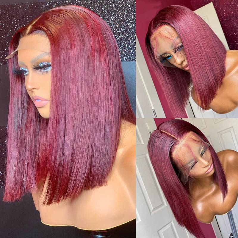 99J Burgundy Short BoB Wig Straight Colored Human Hair Wigs For Women Dark Red Lace Part Wig Pre Plucked Synthetic Hair