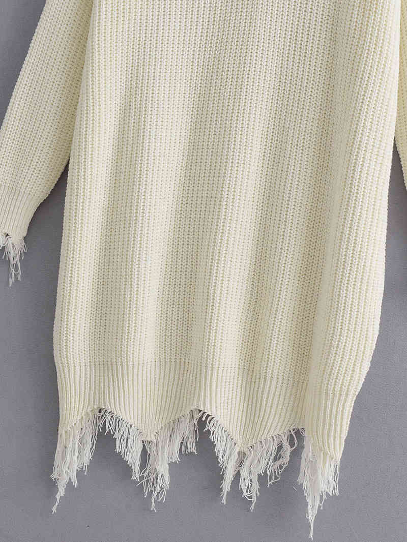autumn winter women white V-neck tassel mid-length high waist loose pullover knitted sweater tops mujer suteres 210508