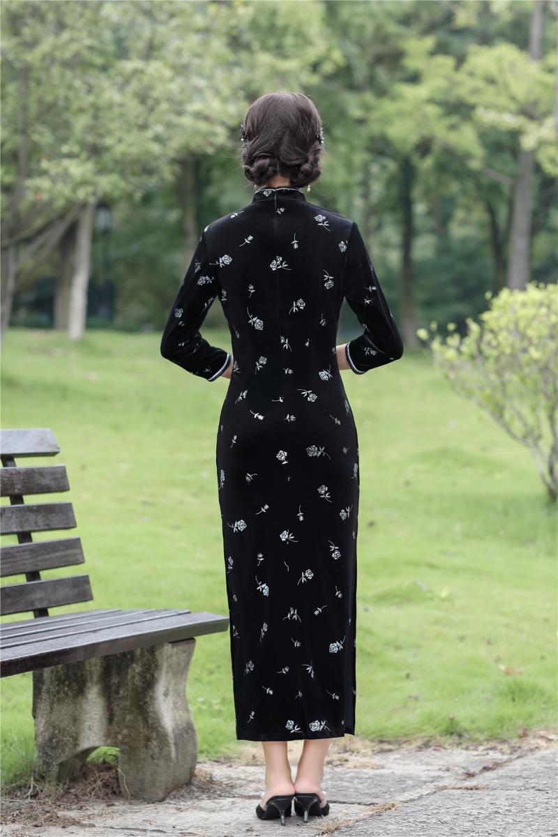 Ethnic Clothing Shanghai Story Velvet Qipao 3/4 Sleeve Ginkgo Embriodery Chinese Dress Long Cheongsam For Women