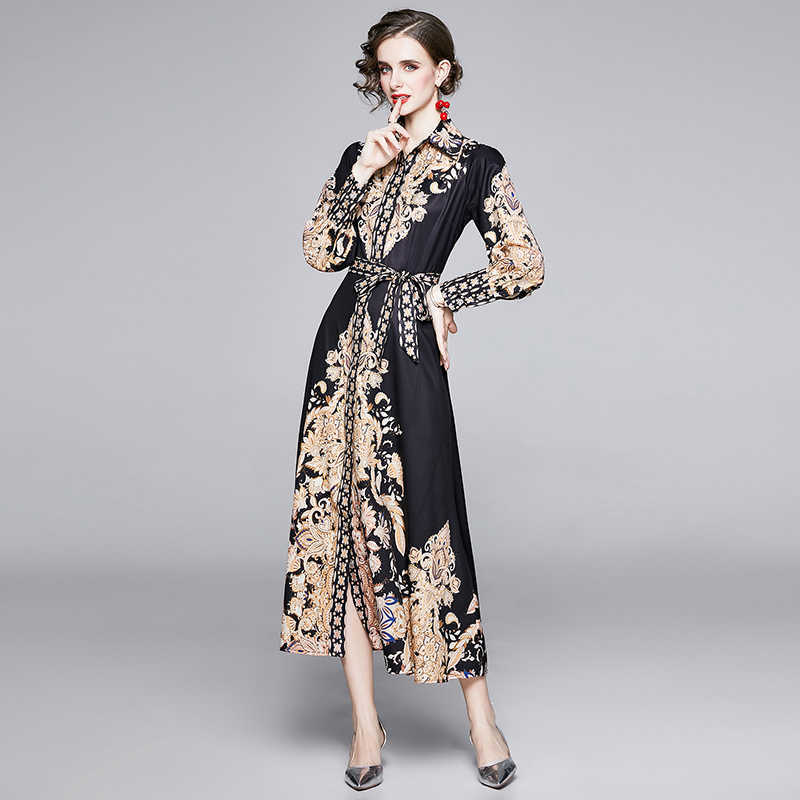 Court Style Autumn Vintage Women Long Sleeve Turn-down Collar Party Dress Elegant Slim Female Print Shirt Dresses Vestidos 210525