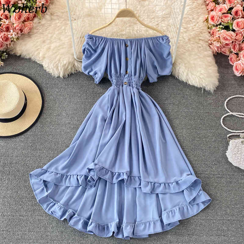 Sexy Off Shoulder Dress Women Solid Midi Dresses Woman Beach Party Ruffle Vestidos Summer Ladies Chic Robe 210519