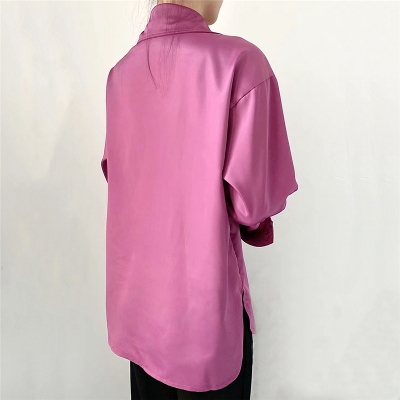 Elegant Women Purplish Red Shirts Fashion Ladies Turn Down Collar Pocket Tops Causal Female Chic Satin Soft Blouse 210430