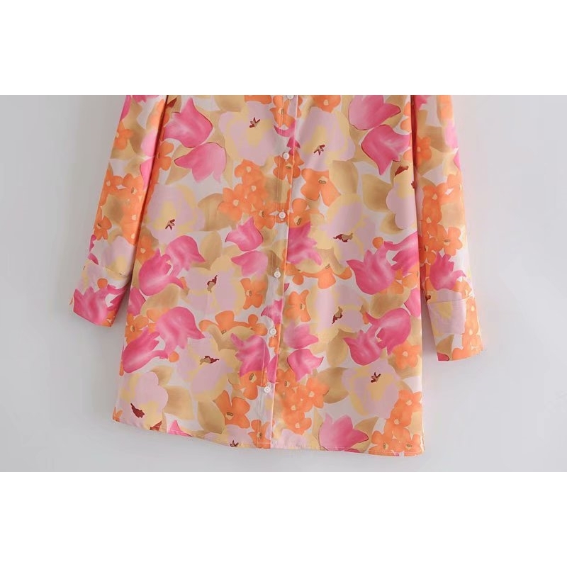 Elegant Women Floral Print Dress Fashion Ladies Turn Down Collar Vestidos Streetwear Female Chic Mini Shirt-Dresses 210430