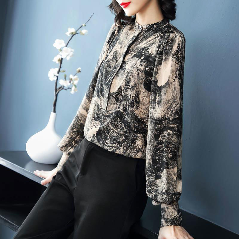 Spring Fashion Women Shirt Plus Size Loose Lantern Sleeve Chiffon Blouse Vintage ink painting Shirts Ladies Tops Clothes D80 210512