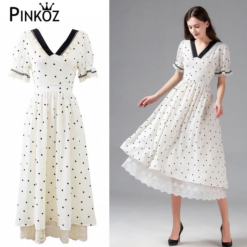 vintage retro polka dot v-neck puff sleeve white dress women summer party patchwork lace high waist ruched midi dresses 210421