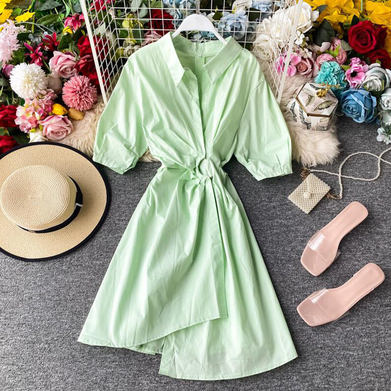 Summer Women Shirt Dress Korean Solid Short sleeve Slim irregular A-line Party Dress Elegant Knee-length dresses 210521