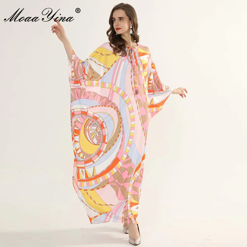 Fashion ner dress Autumn Women's Dress Batwing Sleeve Geometric Print Plus Size Loose Maxi Robe Dresses 210524