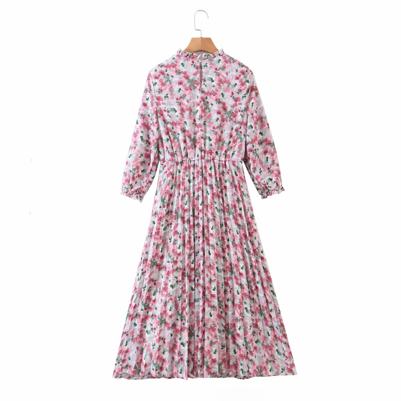 Casual Woman Pink Print A-Line Chiffon Long Dress Spring Fashion Ladies Drapped Dresses Female Sweet Holiday 210515