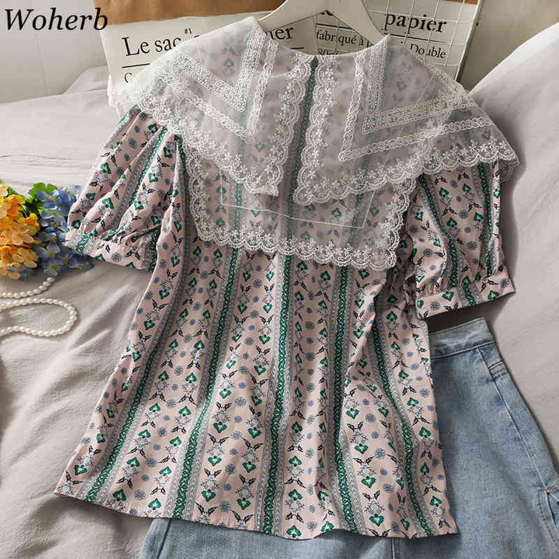 Lace Patch Turn Down Collar Women Blouse Flower Print Short Puff Sleeve Korean Chic Summer Shirt Vintage Blusa Mujer 210519