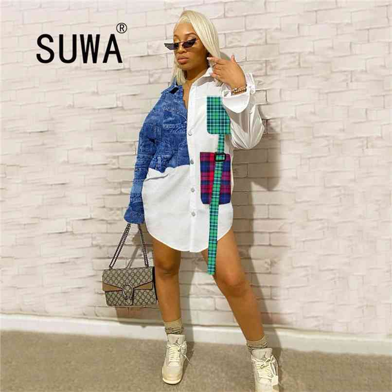 Women Shirts Dress Office Lady Long Sleeve V-Neck High Waist Mini White Denim Patchwork Tunic Robe Streetwear Wholesale 210525, Multi
Women Shirts Dress Office Lady Long Sleeve V-Neck High Waist Mini White Denim Patchwork Tunic Robe Streetwear Wholesale 210525, Multi