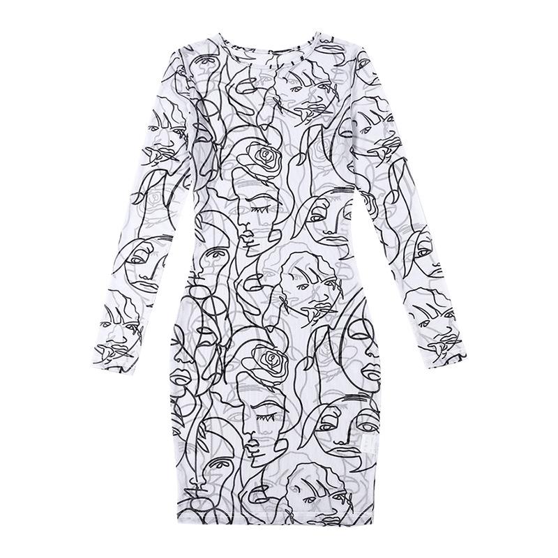 Print See-through Mesh Cloth Summmer Dress 2021 Slim Fit Bodycon Long Sleeve O-Neck Women Dresses Vestidos Mujer Casual