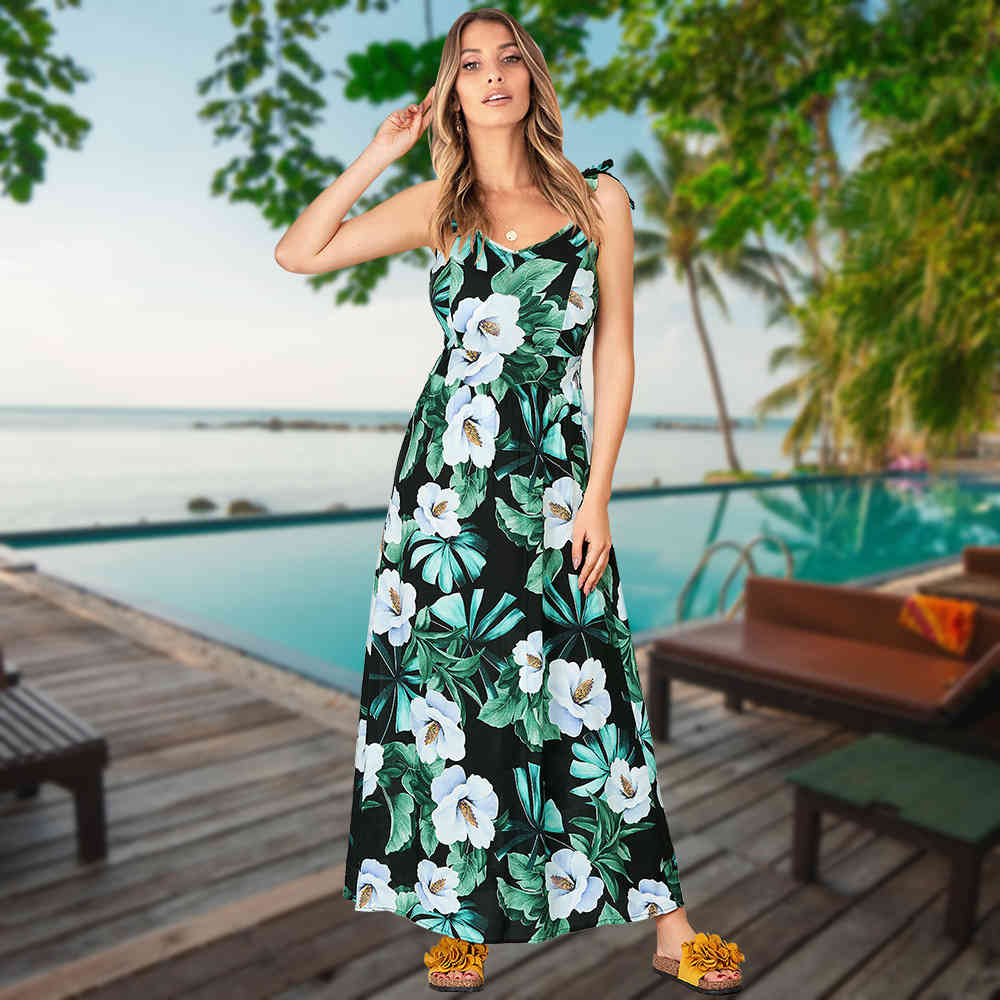 Women Dress V Neck Printed Bohemia Sexy Long Floral Maxi es Sleeveless Spaghetti Strap Beach es 210513