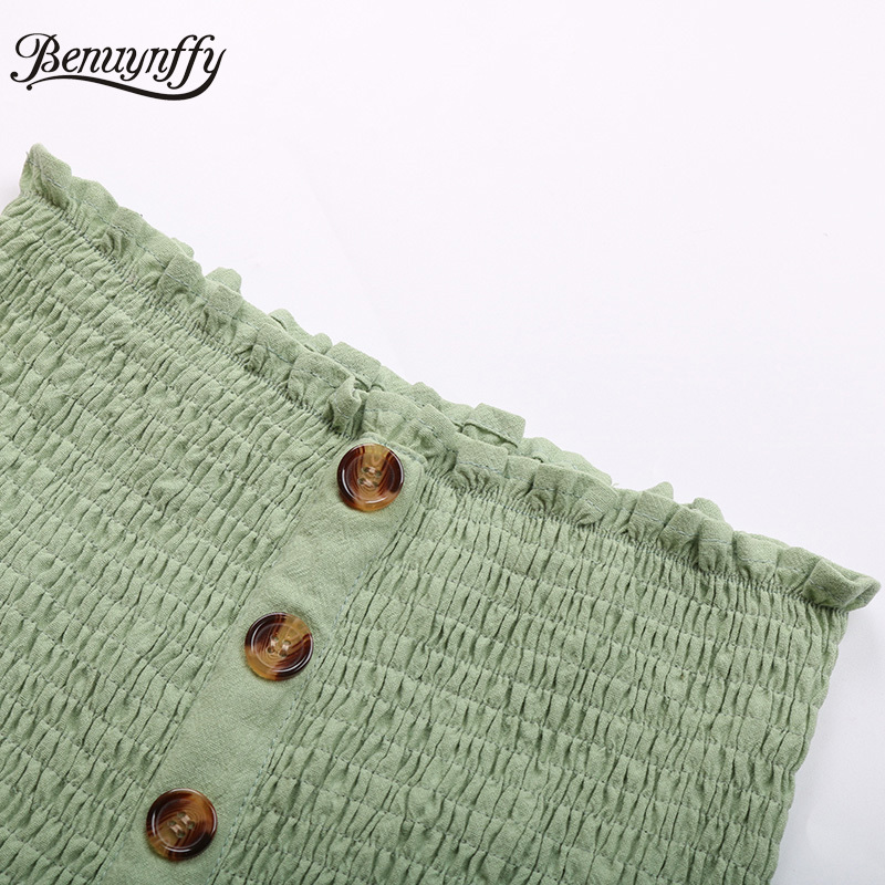 Solid Button Front Frill Trim Tube Jumpsuits with Belt Summer Women Casual High Waist Sleeveless Capris Jumpsuit 210510