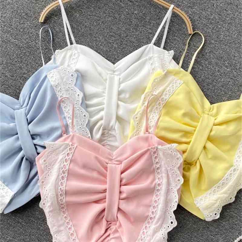 DEAT Women Ruffles Bow Lace Sling Camis Arrivals Sexy Backless Temperament Fashion Spring Summer 11D1560 210709