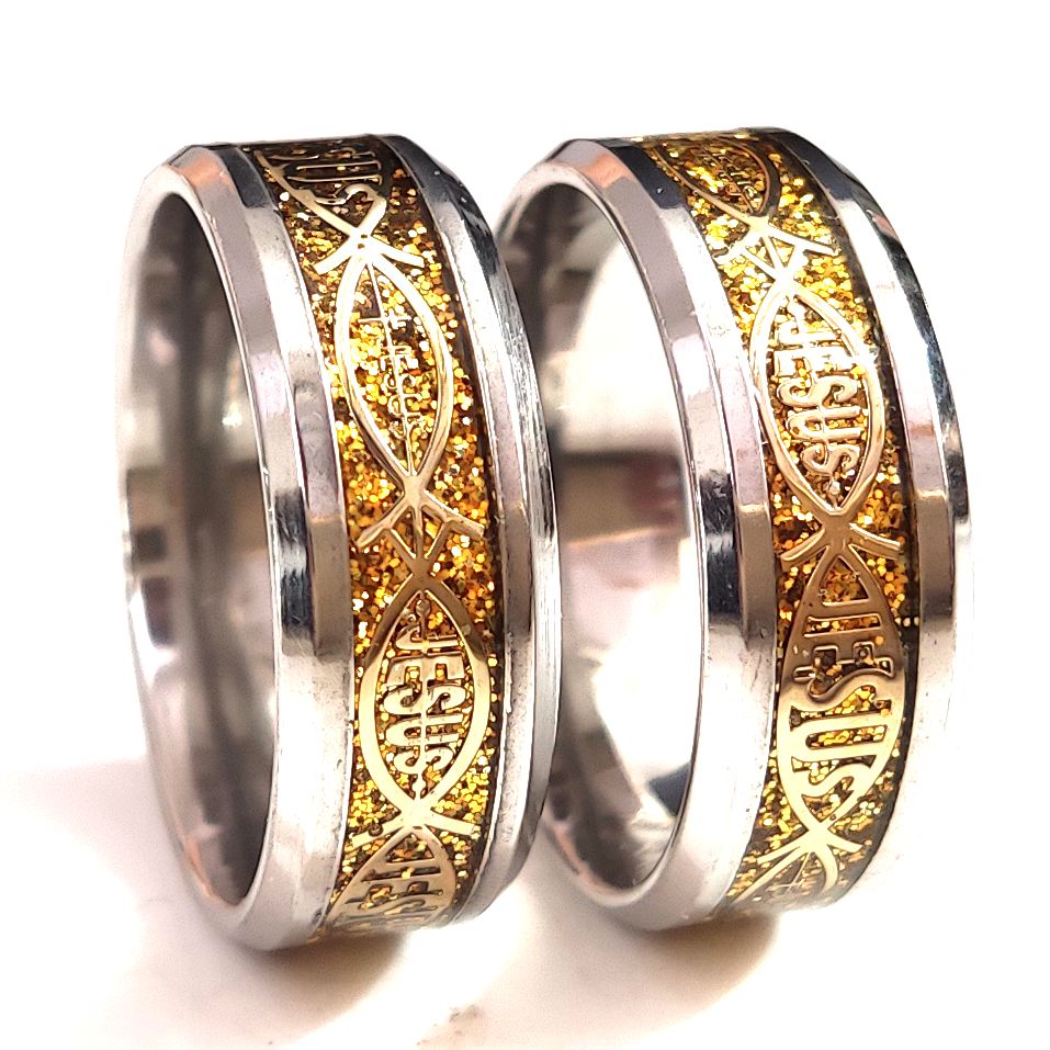 24pcs/lot High Quality Jesus Letter 316L Stainless Steel Ring Top Color Mix Religious Christian Fish Finger Rings Men Women Wedding Jewelry Male Bible
