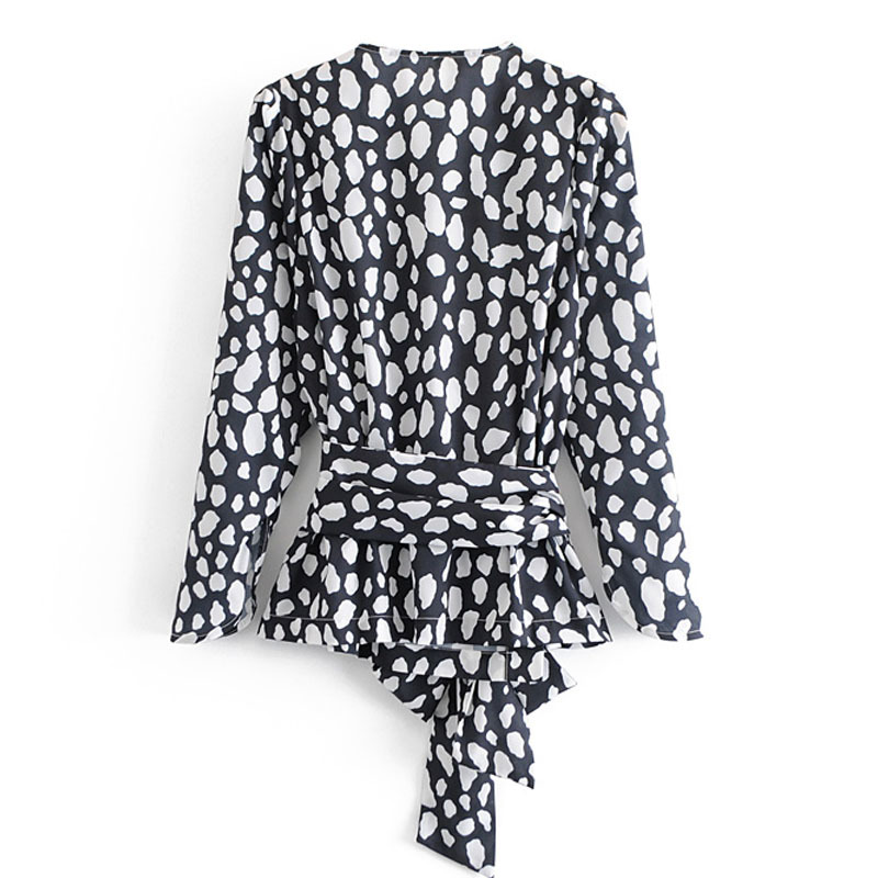 Long-sleeved V-neck belt sp ring fashion women's top women's wrap shirt Elegant cross straps slim printed versatile top 210507