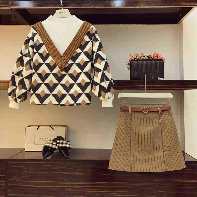 ZAWFL Autumn Winter korean OL 2 piece set Vintage Pullover V Collar Sweater Top +A line Plaid midi Skirt Two-Piece Set 211106