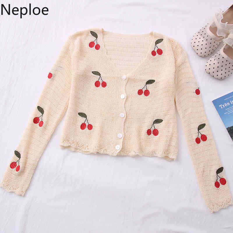 Neploe Cropped Cardigan Sweet Knitted Sweaters Embroidery Cherry Thin Coat Hollow Out Sun Protection Coat Tops Female 95087 210422