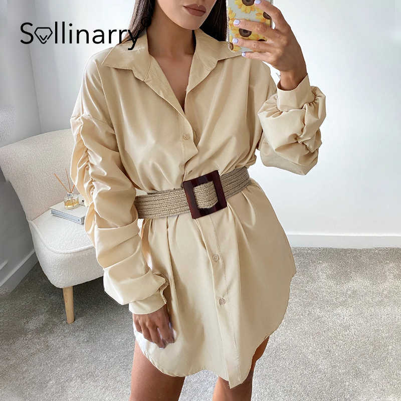 Sollinarry High street pleated lantern sleeves lace up women dress Buttons solid loose mini dresses Elegant long sleeves vestido 210709