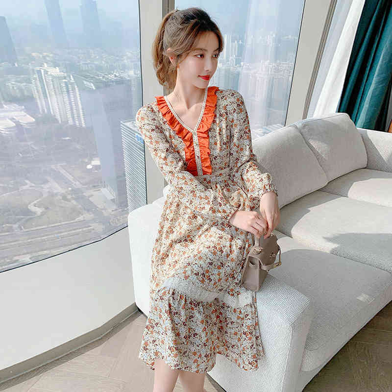 Elegant Ruffle V-Neck Floral Printed Party Dress Female Vintage Spring Fashion High Waist Chic Midi Vestido 210519