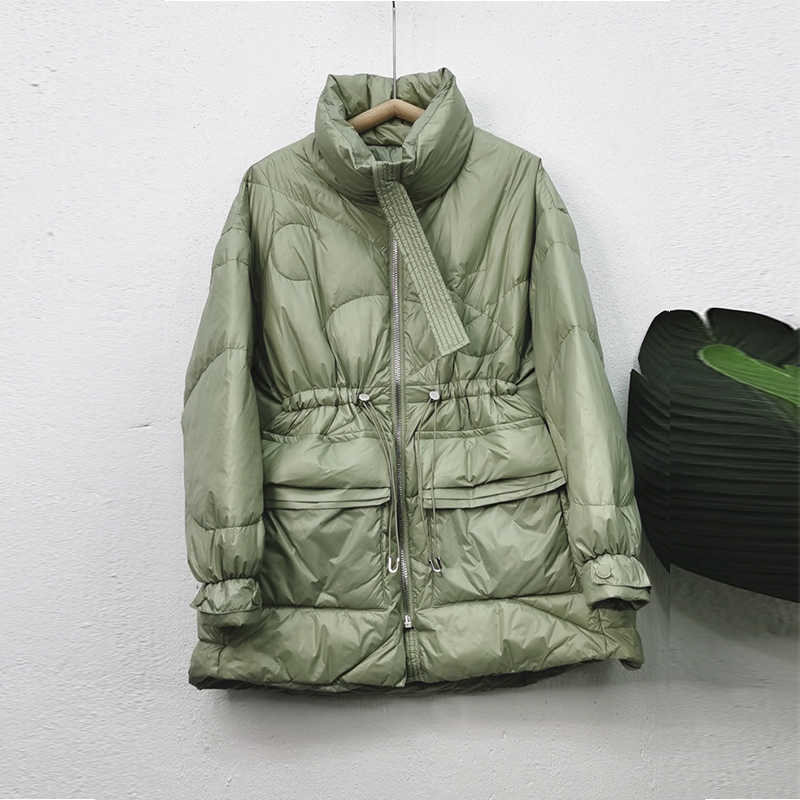 Janveny Winter Women Lightweight 90% White Duck Down Coat Thick Warm Long Sleeve Loose Puffer Jacket Pocket Snow Parkas 211018