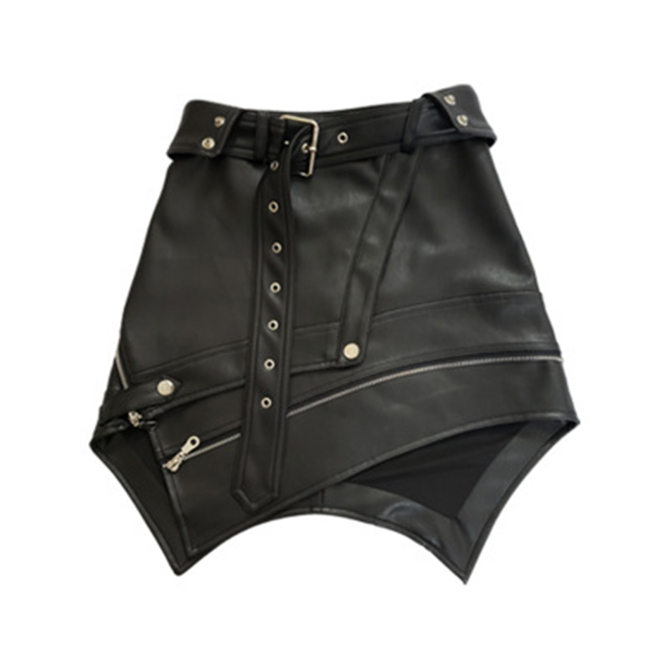 Summer Fashion Sexy Ladies Faux Leather Mini Skirt Black Irregular Pu Belt Zipper High Waist Female 210525