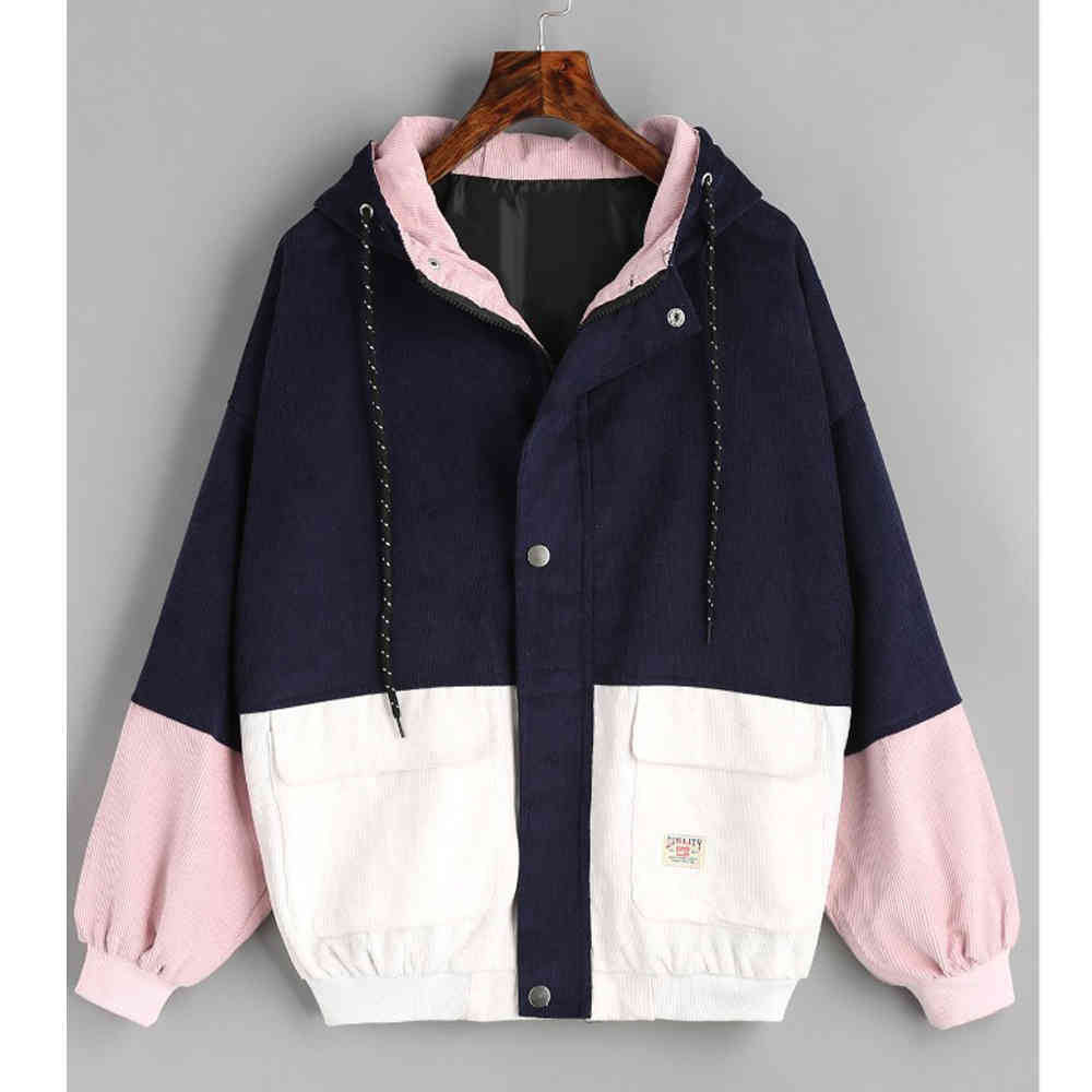 Color Block Long Sleeve Corduroy Women Jacket Patchwork Drawstring Hit Autumn Plus Size Coat 210428