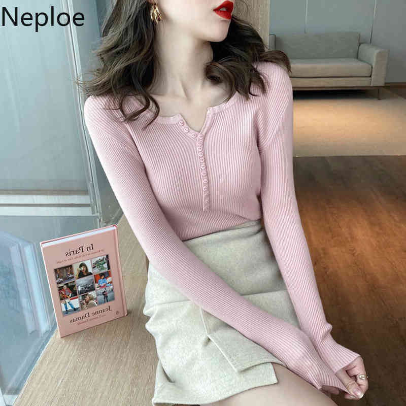 Neploe V Neck Sweater for Women Fashion Korean Slim Tops Long Sleeve Knitted Pullovers Elegant Lady Sweaters Knitwear Fall 210422