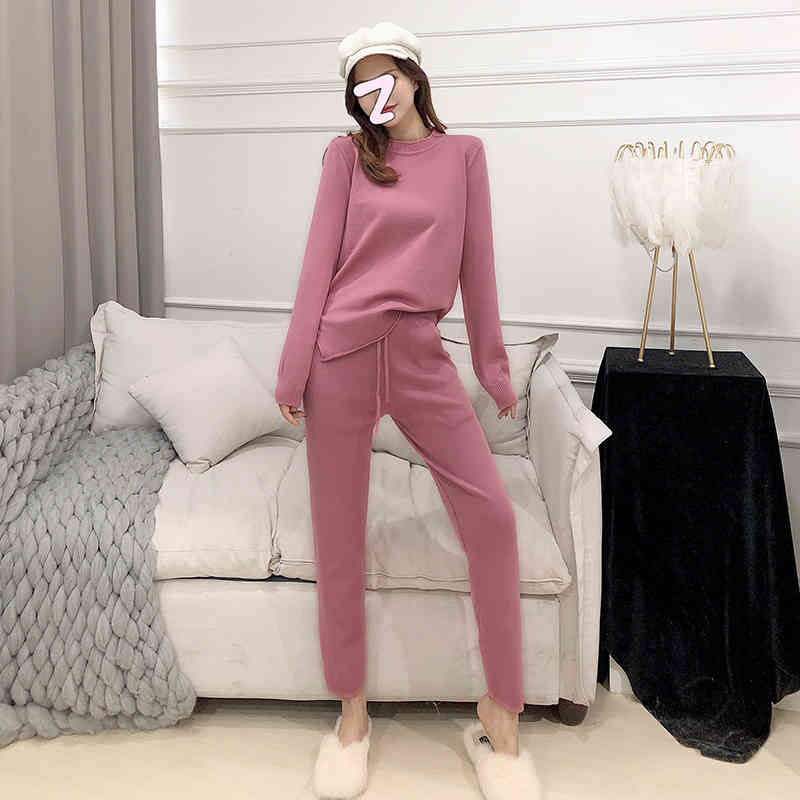 Two Piece Knitting Suit Casual Fashion Temperament Women's O Neck Long Sleeve Home Winter Indoor Warm 210506