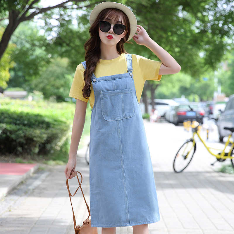 Large Pocket Denim Dress for Women Summer Adjustable Strap A-line Back Split Knee-length Loose Korean Vestido Blue 210604